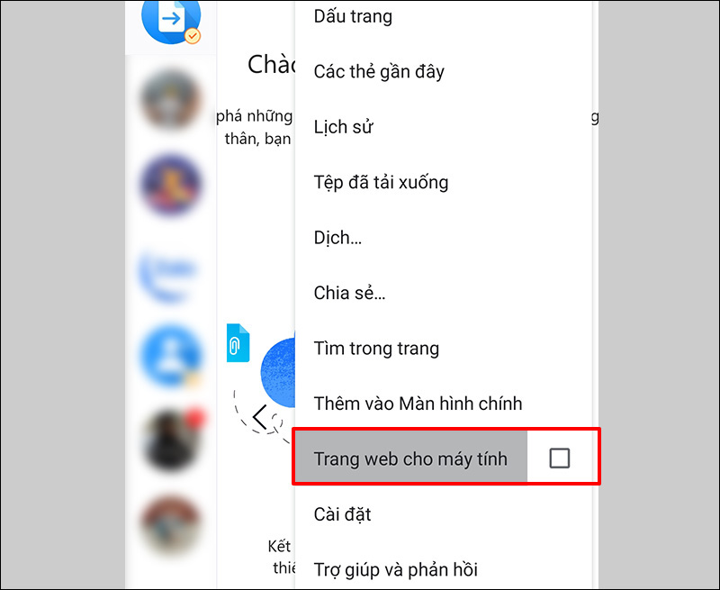 Tick chọn Trang web cho máy tính